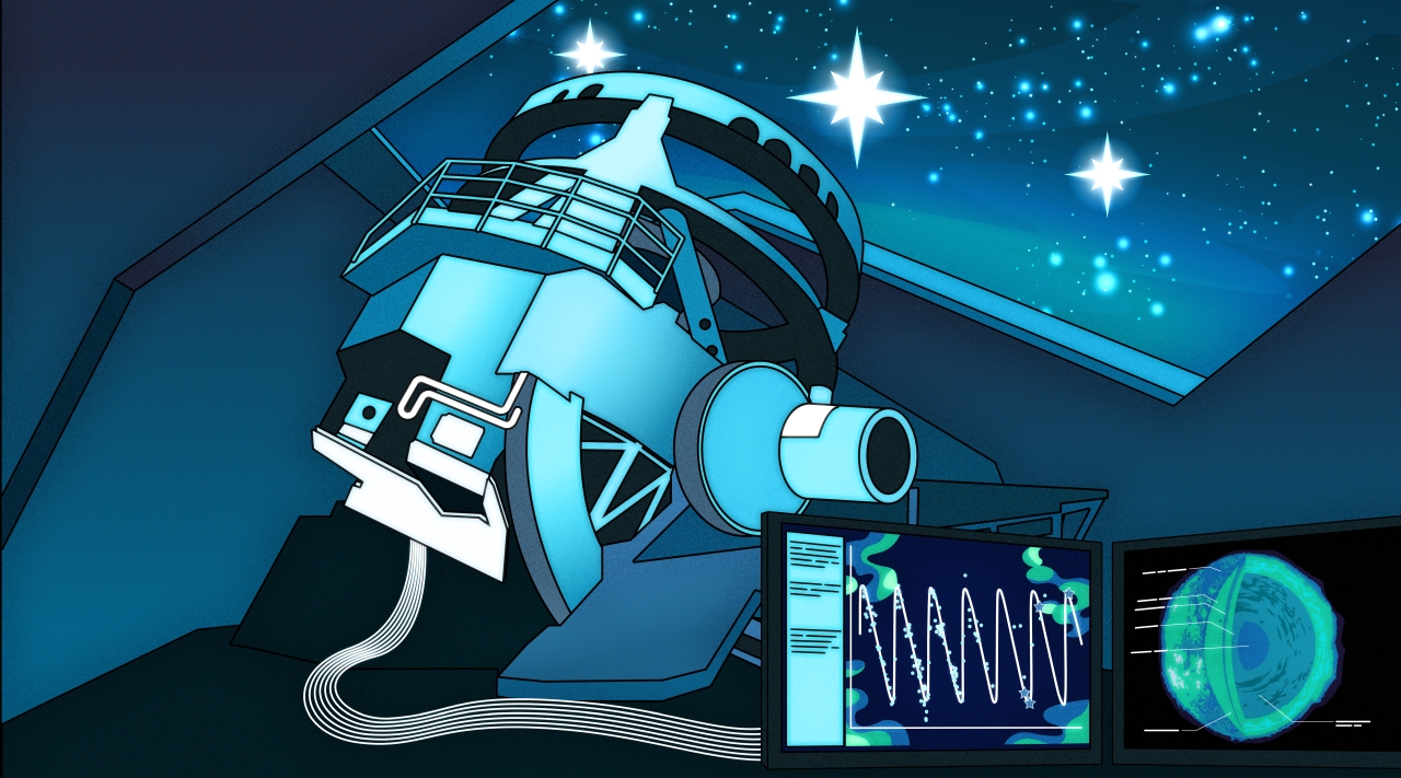This illustration depicts NSF–DOE Vera C. Rubin Observatory capturing the light of variable stars — stars that increase and decrease in brightness over time. It’s estimated that during its 10-year-long Legacy Survey of Space and Time (LSST) Rubin will detect around 100 million variable stars across the southern hemisphere sky. The rhythmic pulses of these stars’ light allows astronomers to study stellar composition and evolution, as well as map vast cosmic distances. With the enormous influx of data that will arrive once Rubin begins its survey, scientists will be able to conduct statistical investigations into the nature of variable stars and refine their periodic variability over longer periods of time.
Credit: RubinObs/NOIRLab/SLAC/NSF/DOE/AURA/P. Marenfeld