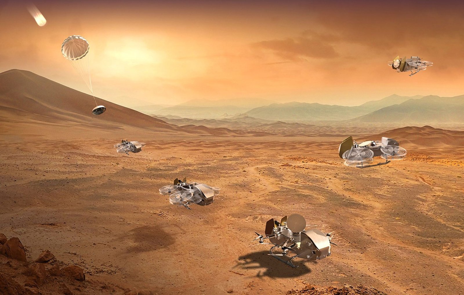 Artist's concept of Dragonfly's entry, descent, and landing, and its liftoff to explore the surface of Titan.
NASA/Johns Hopkins APL